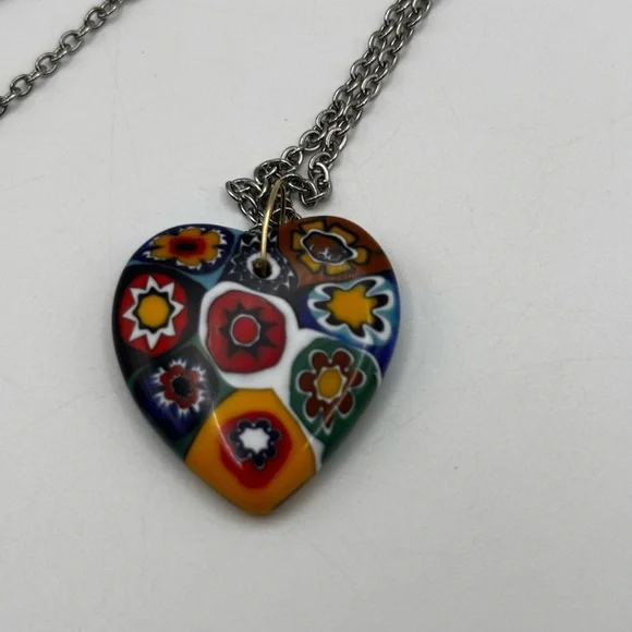 Millefiori Murano Glass Heart Pendant Necklace - Picture 7 of 10